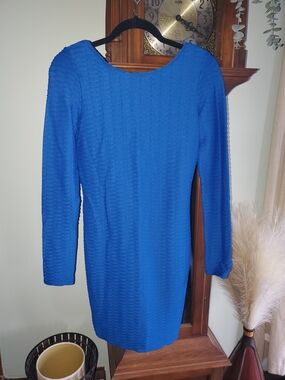 Moda International Royal Blue Textured Long Sleeve Shift Dress